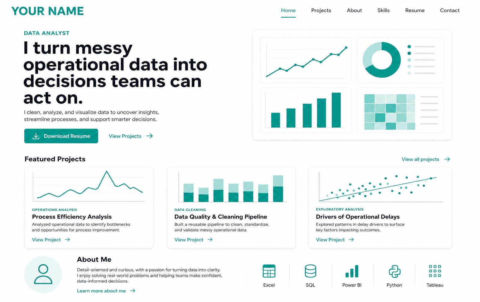 Concept preview of an early-career analyst personal brand website shown on desktop and mobile.