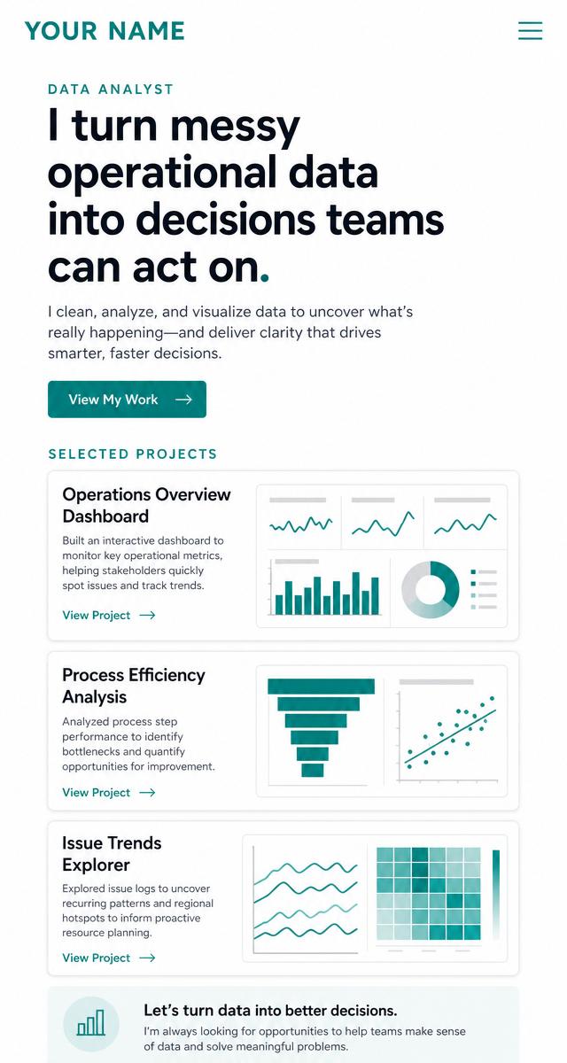 Concept preview of an early-career analyst personal brand website shown on desktop and mobile.