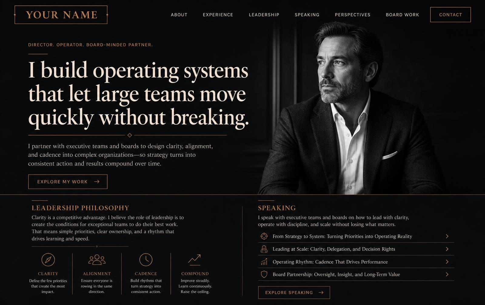 Concept preview of an executive personal brand website shown on desktop and mobile.