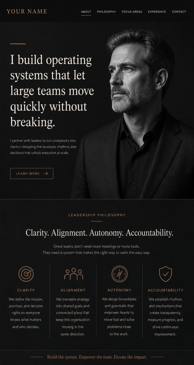 Concept preview of an executive personal brand website shown on desktop and mobile.