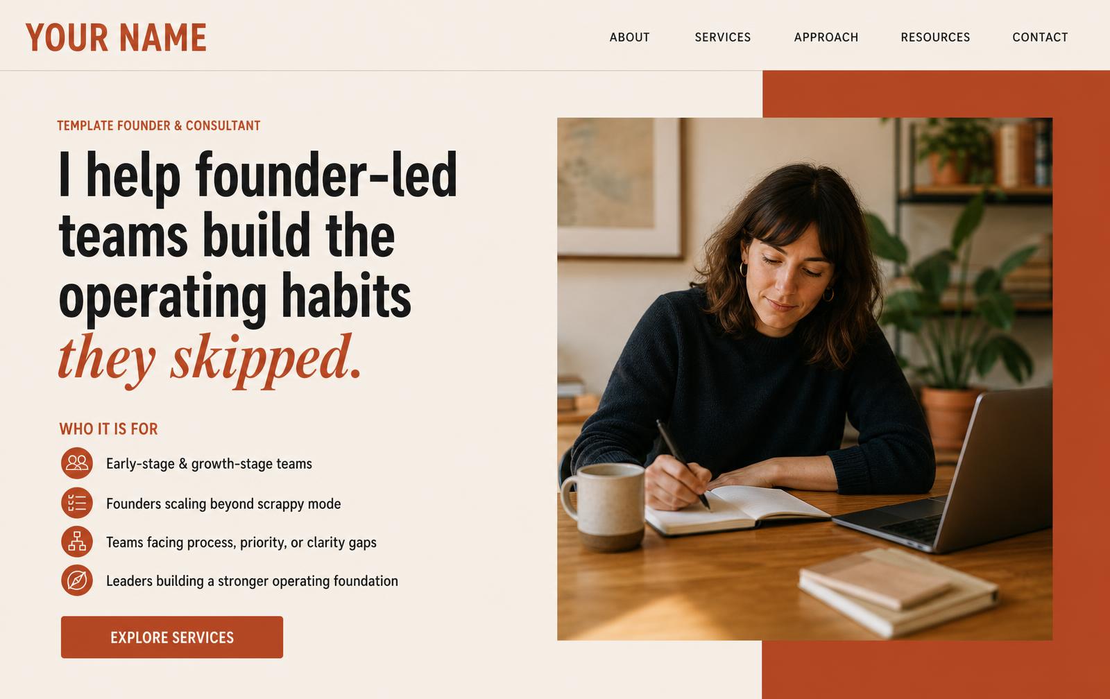 Concept preview of an independent founder and consultant personal brand website shown on desktop and mobile.