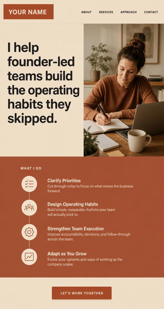 Concept preview of an independent founder and consultant personal brand website shown on desktop and mobile.