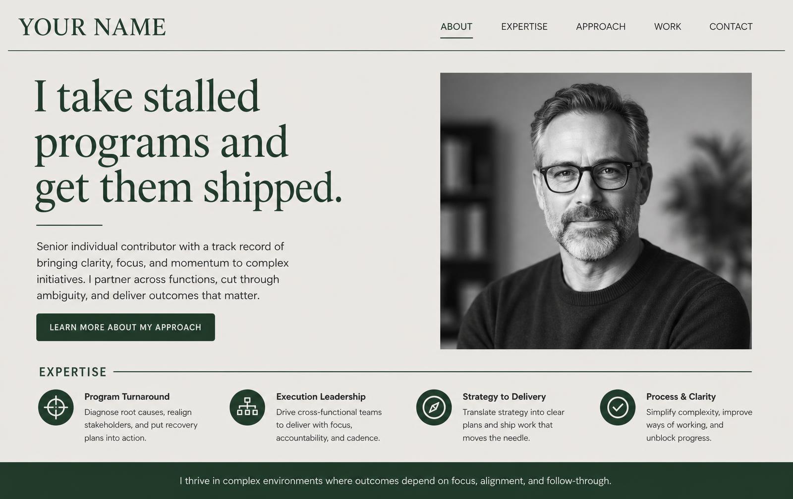 Concept preview of a senior individual contributor personal brand website shown on desktop and mobile.