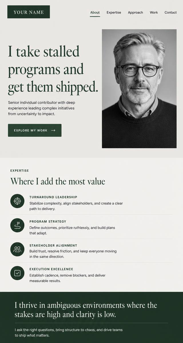 Concept preview of a senior individual contributor personal brand website shown on desktop and mobile.